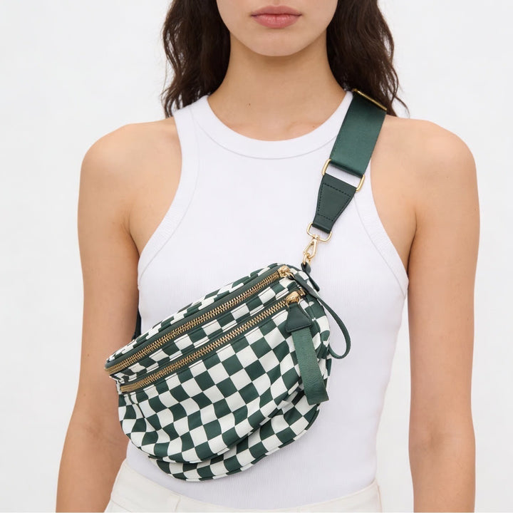 Womens Handbag Green White Check Detachable Adjustable Strap Crossbody Bag