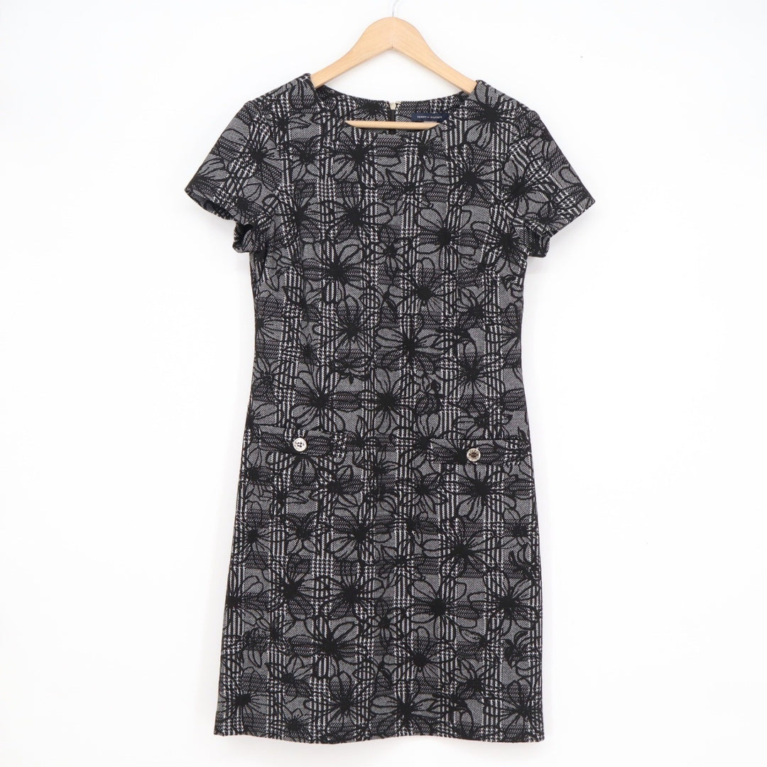 Tommy Hilfiger Womens Black White Floral Plaid Sheath Dress Size 8 Short Sleeve