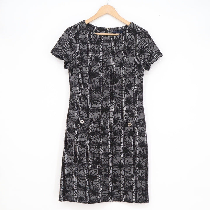 Tommy Hilfiger Womens Black White Floral Plaid Sheath Dress Size 8 Short Sleeve