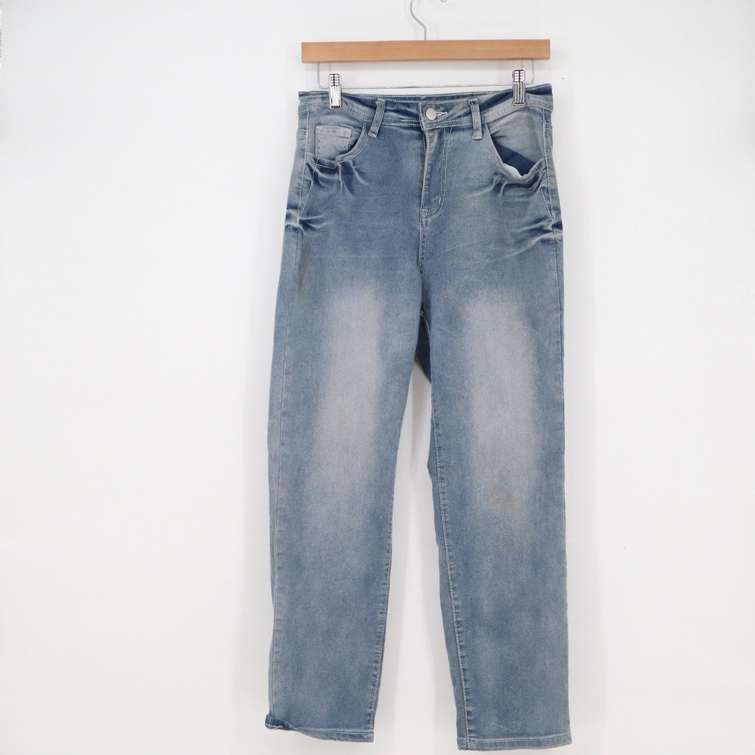 Floral Embroidered Back Pocket Light Wash Straight Leg Stretch Jeans Size L
