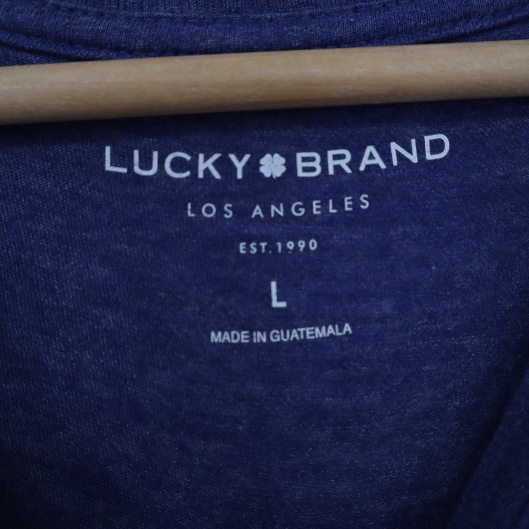 Lucky Brand Mens Heather Blue Graphic T-Shirt Dungarees Logo Size L