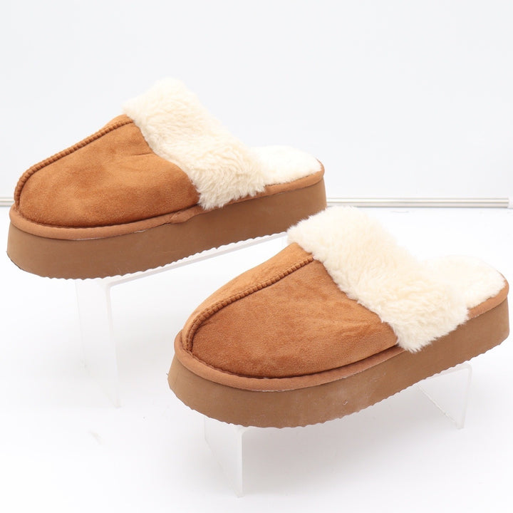 Chestnut Faux Suede Platform Slippers Faux Fur Lined Mule Clogs Women Size 9