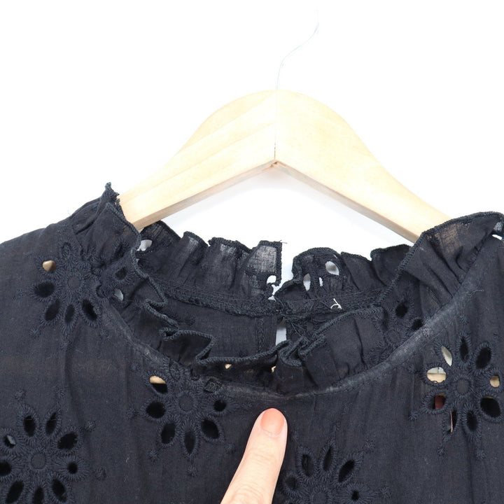 Entro Black Floral Eyelet Tiered Mini Dress Ruffle High Neck L