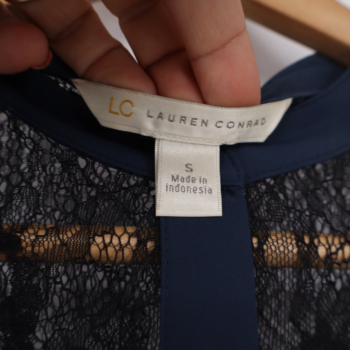 Lauren Conrad Blouse Womens S Lace Yoke Navy Blue Button-down Excellent