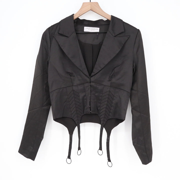 Naked Wardrobe The Statement Black Corset Garter Cropped Blazer NWSP20-J6 Small