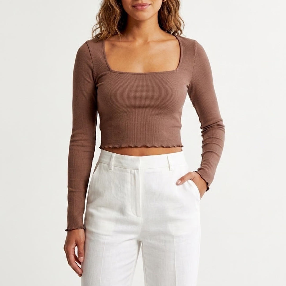 Pink Lily Crop Top Womens Medium Brown Stretch Ribbed Square Neck Long Sleeve