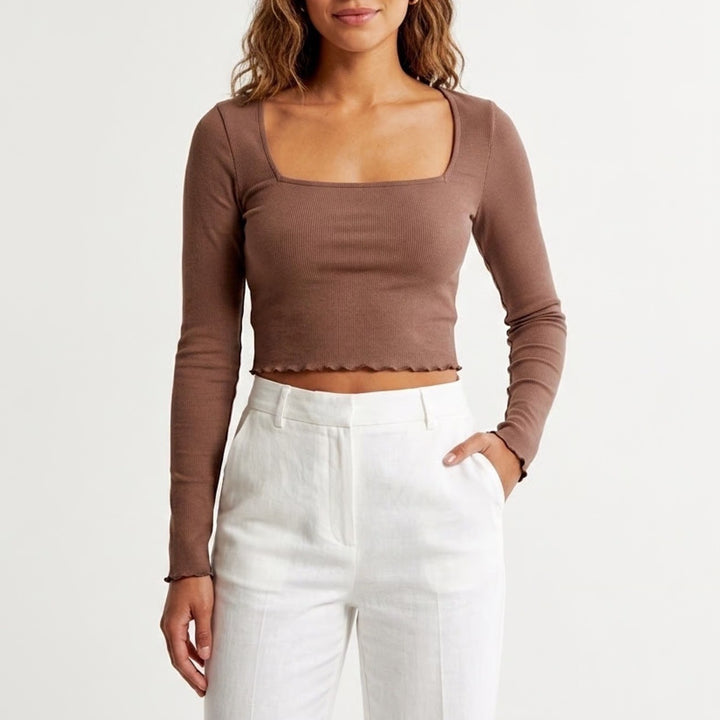 Pink Lily Crop Top Womens Medium Brown Stretch Ribbed Square Neck Long Sleeve