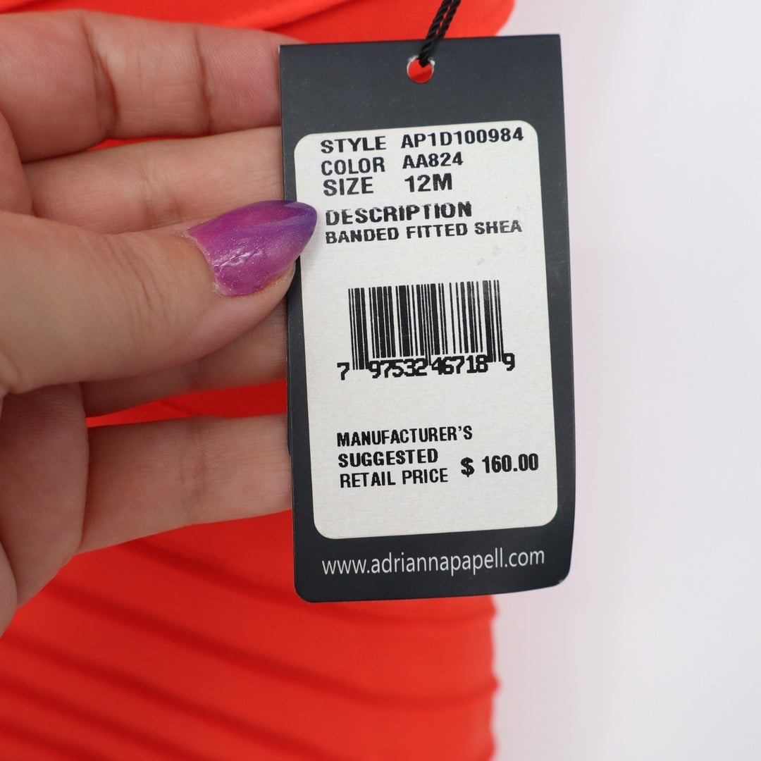 Adrianna Papell Sheath Dress Womens 12 Orange Stretch Pleated Jersey Back Zip