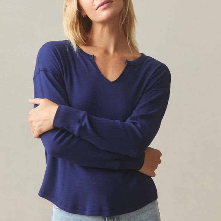 American Giant Luxe Rib Womens Small Blue Cotton V-Notch Long Sleeve Pullover