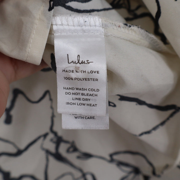 Lulus Cream Black Floral Line Art Button Up Blouse Long Sleeve Large 10814