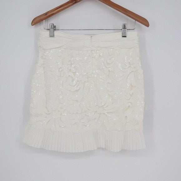 Naked Wardrobe White Sequin Lace Pleated Ruffle Mini Skirt Womens Small