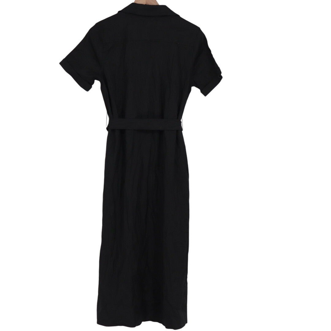 American Giant Black Linen Blend Button Front Belted Midi Dress Size S