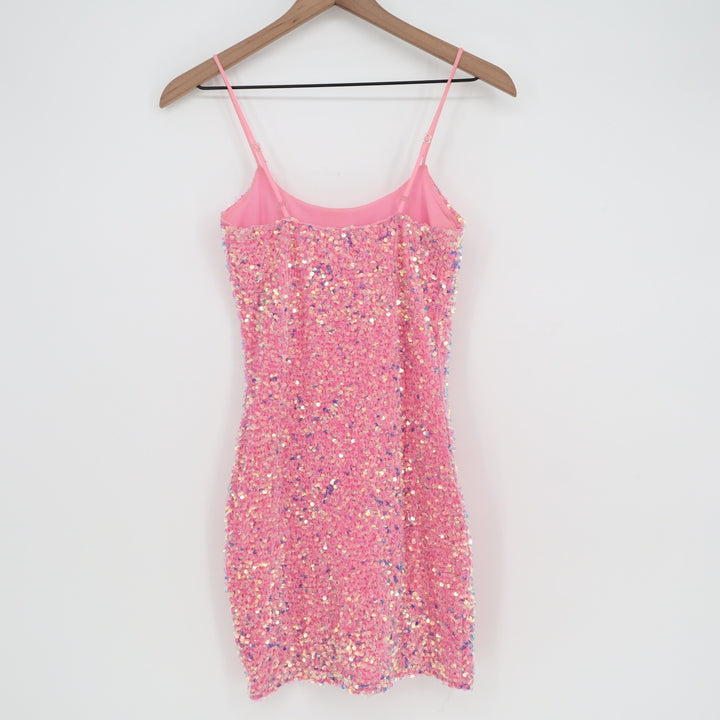 Lucy In The Sky Pink Sequin Mini Dress XS Bodycon Adjustable Strap Glam Party