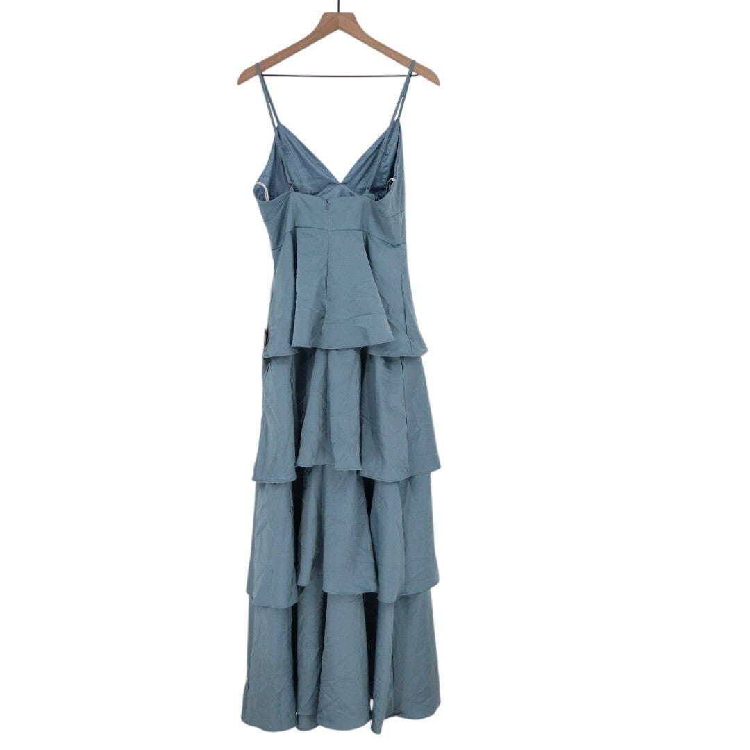 Lulus Going with Elegance Gown Dress Womens M Slate Blue Satin Tiered Back Zip