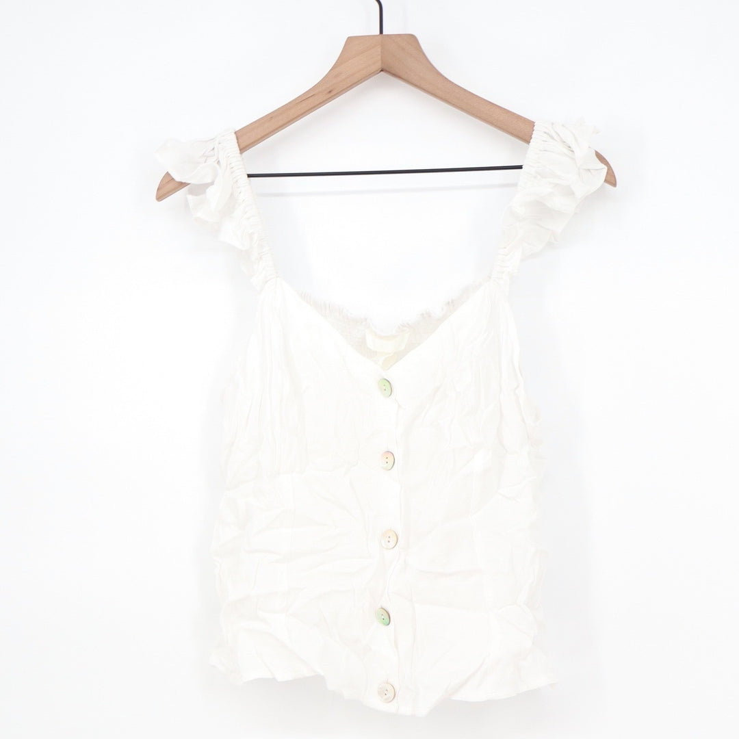 HM White Ruffle Strap Button Front Smocked Back Viscose Tank Top Large