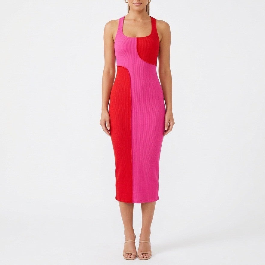 Naked Wardrobe Pink Red Colorblock Ribbed Midi Bodycon Dress NW-D2400 Mens S