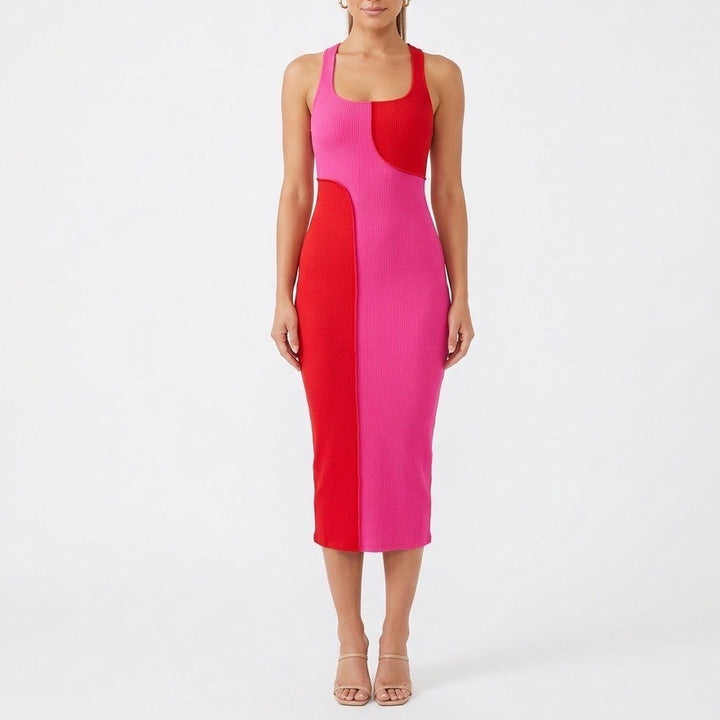 Naked Wardrobe Pink Red Colorblock Ribbed Midi Bodycon Dress NW-D2400 Mens S