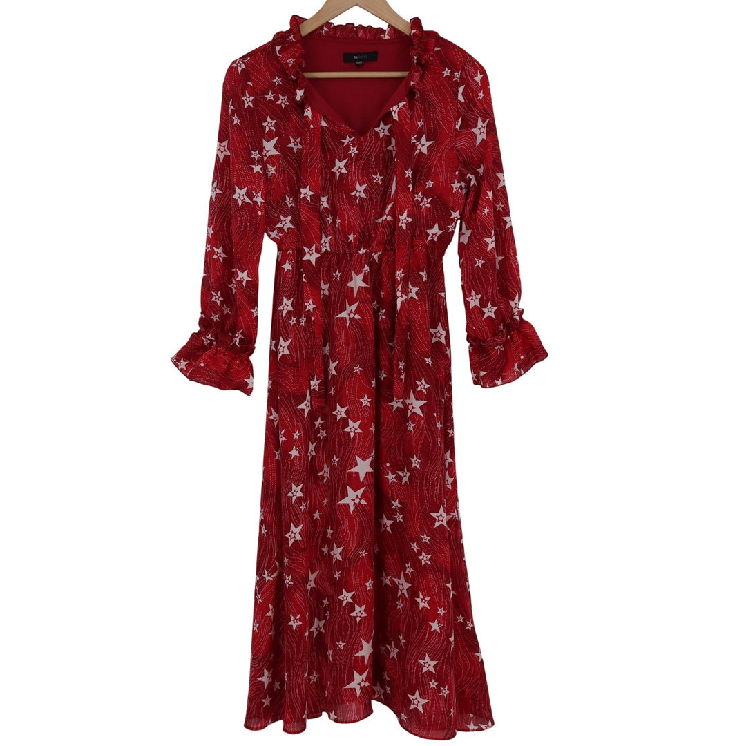 7Modifier Red Star Print Ruffle V-Neck Long Sleeve Midi Dress Size 160/84A