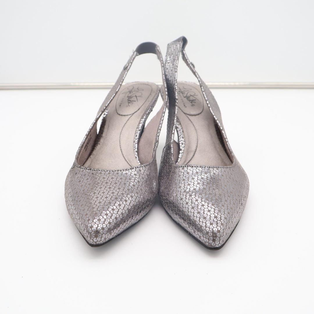 LifeStride Shena Pump Womens US 7.5W Silver Stiletto Heel Slingback Dress Shoes