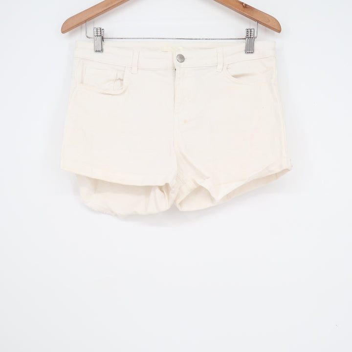 HM Womens White Denim Shorts Size 10 Rolled Cuff Stretch 5-Pocket