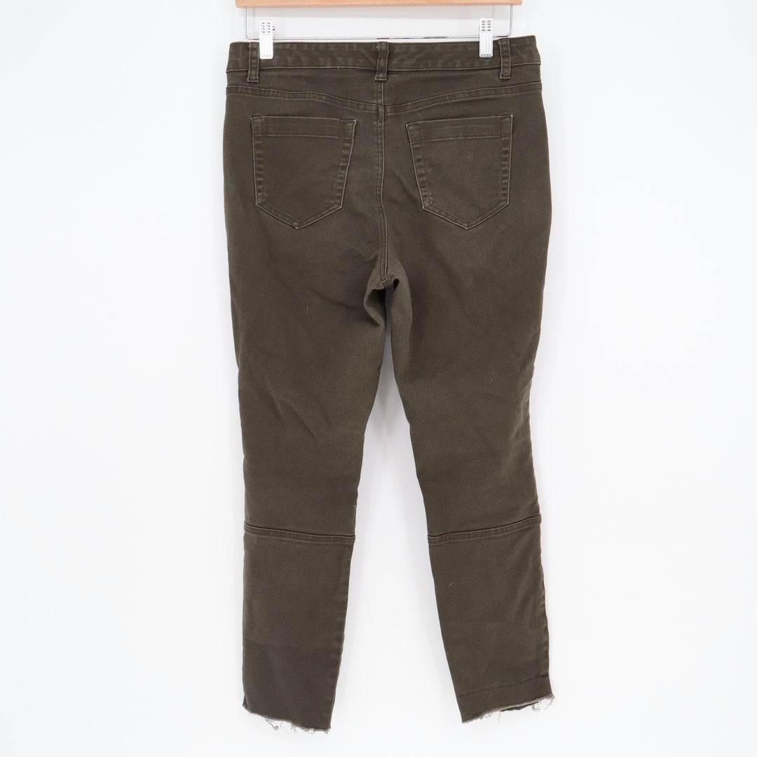 A New Day Olive Green Skinny Moto Pants Knee Seam Raw Hem Size 10 Stretch