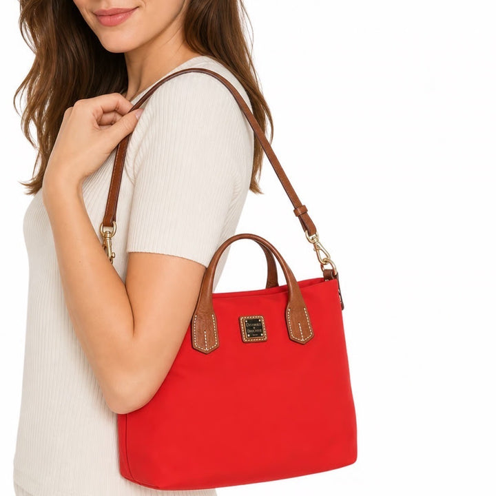 Dooney & Bourke Red Nylon Wayfarer Tote Crossbody Bag Tan Leather Trim