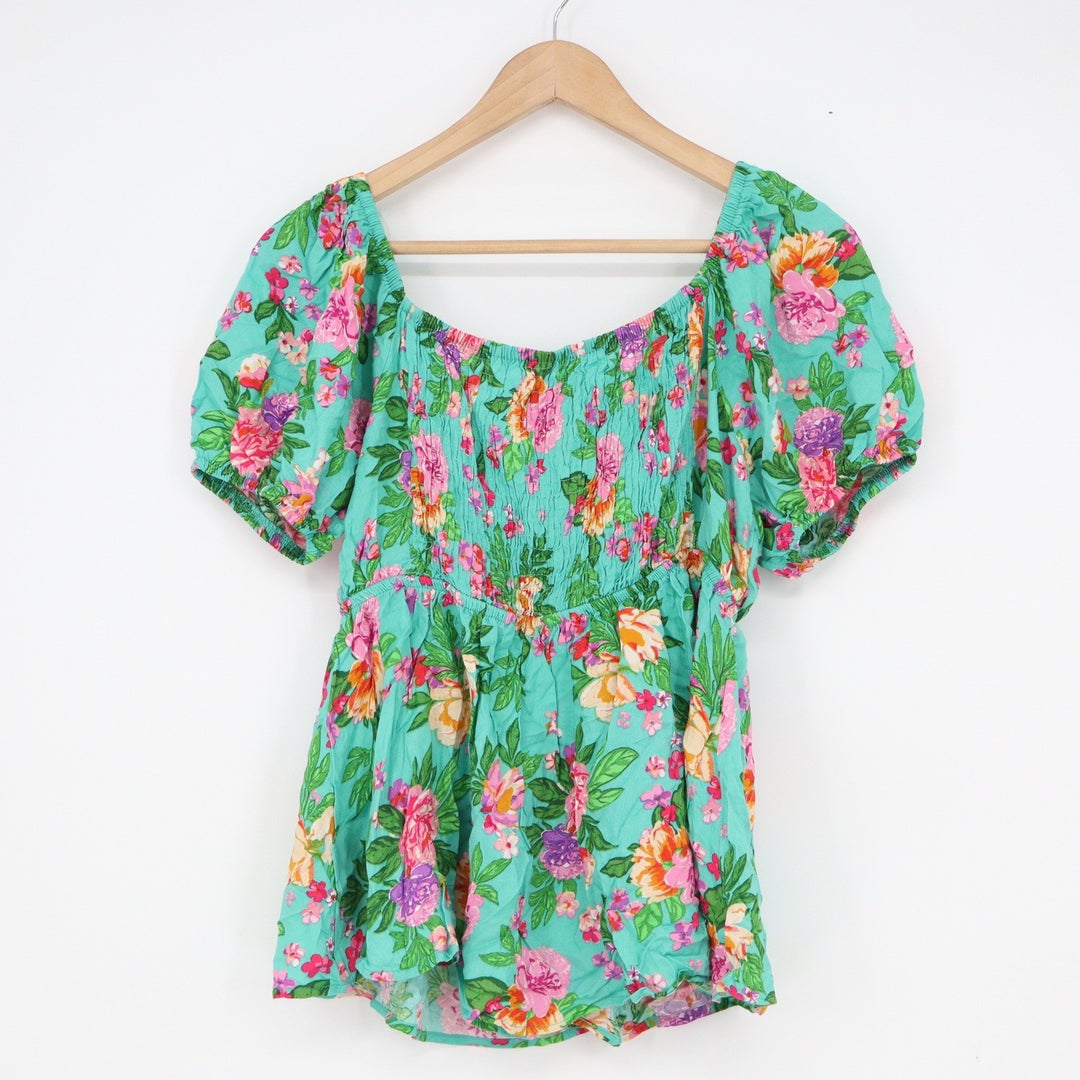 Sky & Moon Floral Smocked Back Tie Front Puff Sleeve Top Teal XL