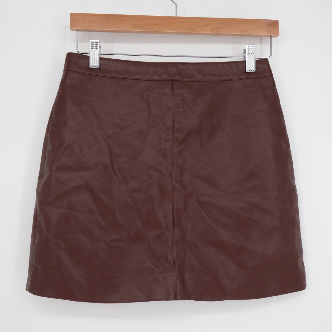 Burgundy Faux Leather Mini Skirt A-Line Back Zip Dark Red Vegan Short Skirt M