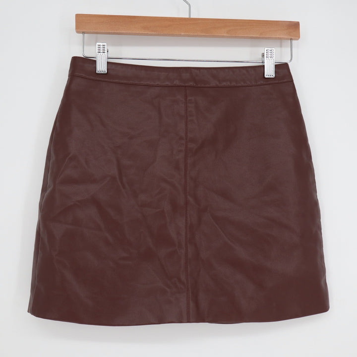 Burgundy Faux Leather Mini Skirt A-Line Back Zip Dark Red Vegan Short Skirt M