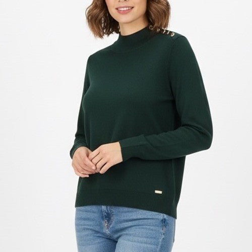 Calvin Klein Sweater Womens Large Green Mock Neck Shoulder Button Long Sleeve