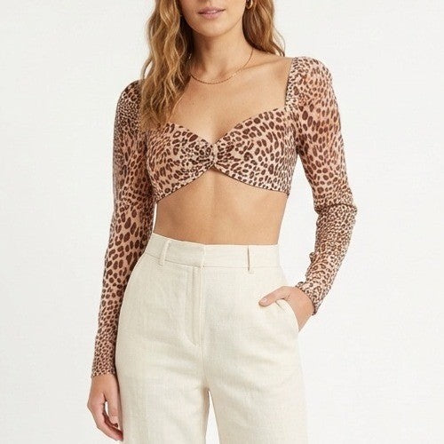 Naked Wardrobe The Statement Leopard Print Crop Top Long Sleeve Brown M
