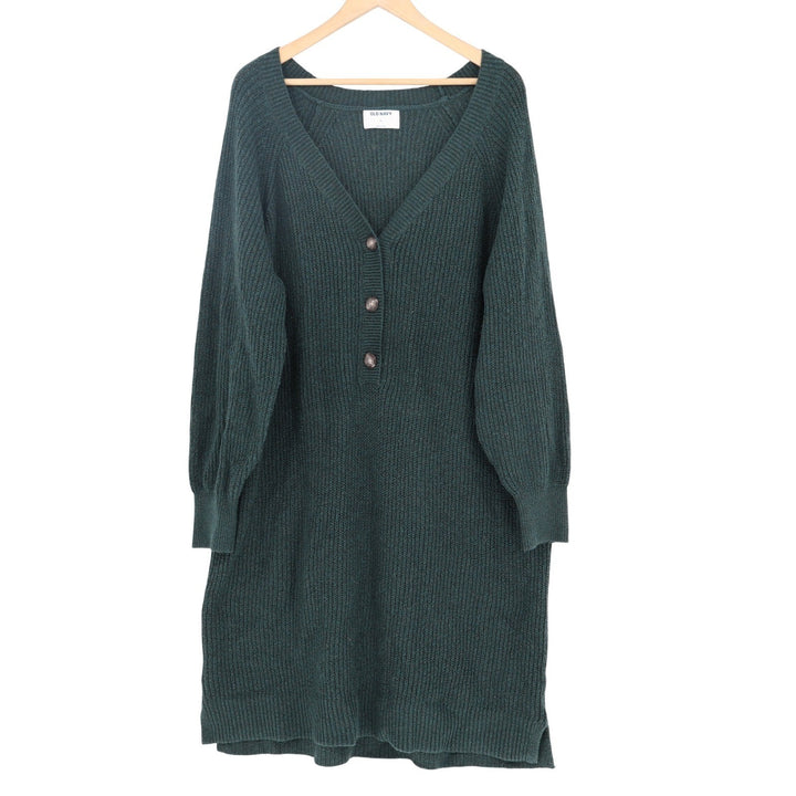 Old Navy Womens XL Forest Green Ribbed Henley V-Neck Long Sleeve Sweater Dress