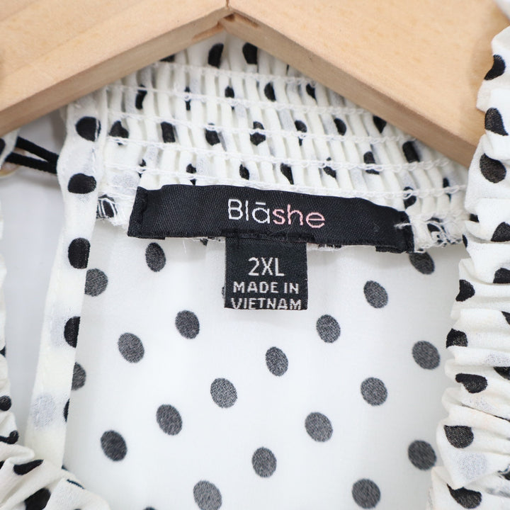 Blashe Blouse Womens 2XL White Polka Dot Pleated Mock Neck Smoked Long Sleeve