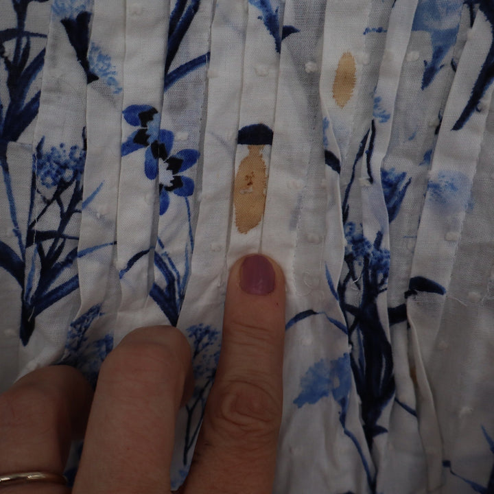 CeCe White Blue Floral Swiss Dot Pintuck V-Neck Sleeveless Cotton Dress Size 12