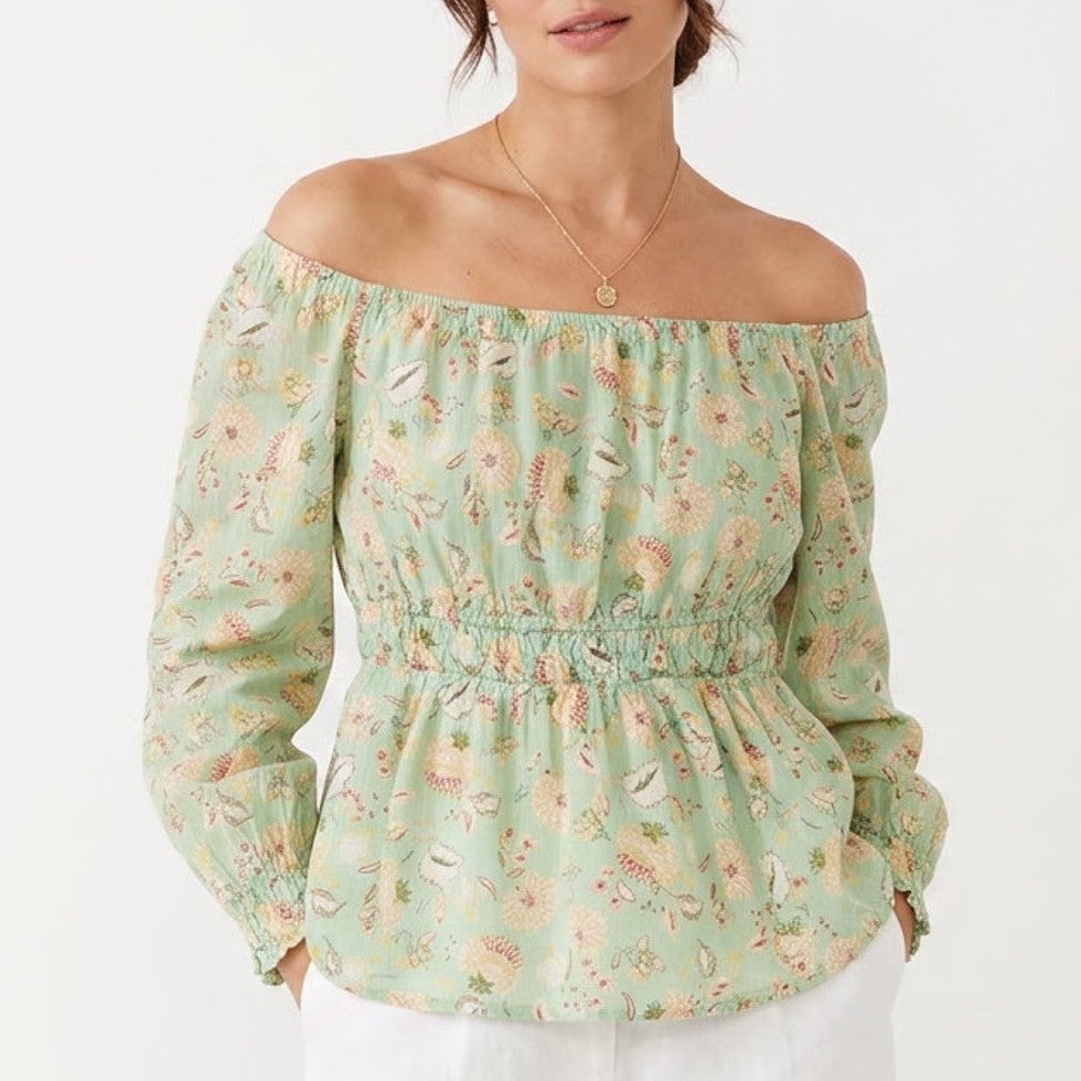 Torrid Mint Green Floral Clip Dot Smocked Peplum Blouse Square Neck Size 1 Plus