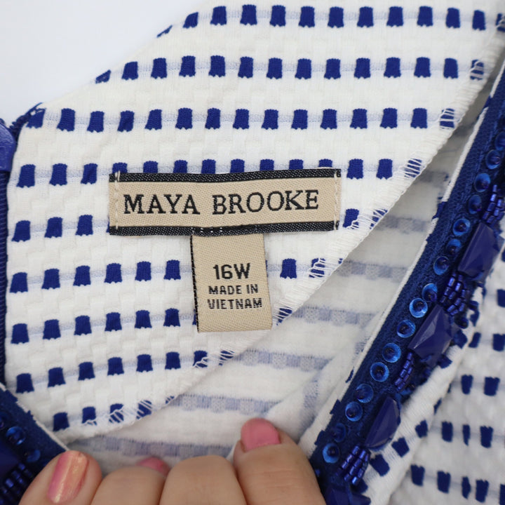Maya Brooke Dress Suit Set Womens 16W Blue White Sequin Sheath Bolero Good