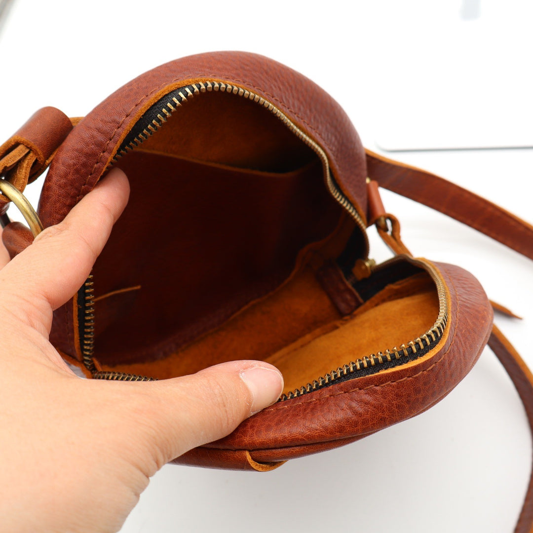 Portland Leather Goods Circle Crossbody Bag Cognac Brown Leather Round Purse