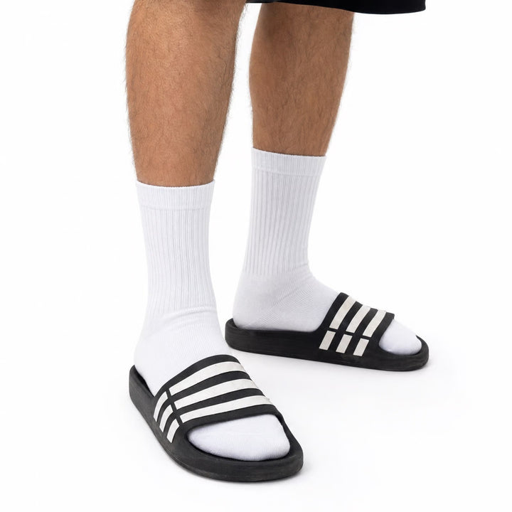 adidas Sandals Men 10 Adilette Aqua Black White Striped Slide Athletic Good