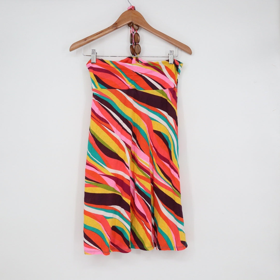 Xhilaration Multi Color Psychedelic Wavy Stripe Wood Bead Halter Mini Dress S