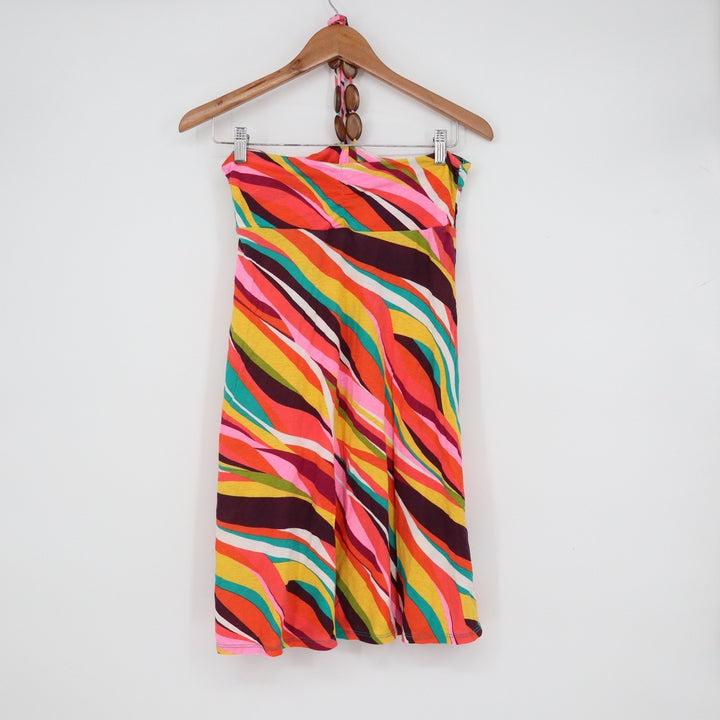 Xhilaration Multi Color Psychedelic Wavy Stripe Wood Bead Halter Mini Dress S