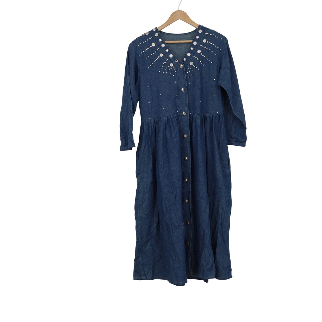 Vintage Style Denim Studded Button Front Midi Dress Blue XL Western Boho XL