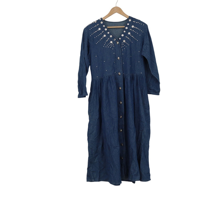 Vintage Style Denim Studded Button Front Midi Dress Blue XL Western Boho XL