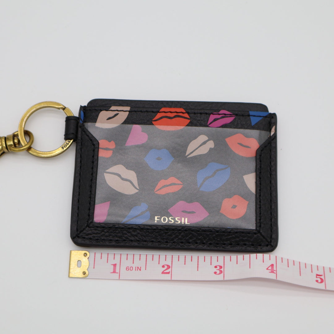 Fossil Lee Women's Card Case Black Leather Lips ID Window Wallet with Keychain