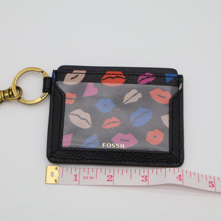 Fossil Lee Women's Card Case Black Leather Lips ID Window Wallet with Keychain
