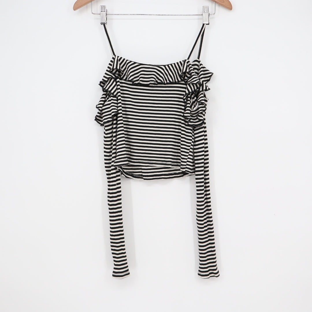 Pins and Needles Urban Outfitters Striped Ruffle Cold Shoulder Crop Top Black M