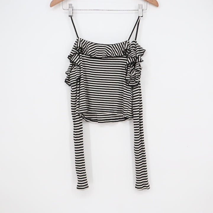Pins and Needles Urban Outfitters Striped Ruffle Cold Shoulder Crop Top Black M