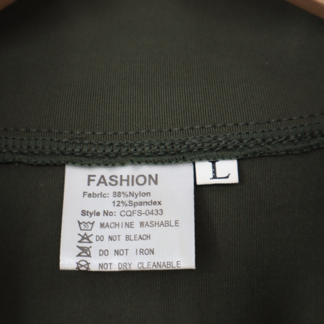 Fashion Olive Green Cropped Full Zip Athletic Jacket Mock Neck Thumbholes L