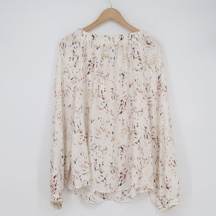 A New Day Womens XL Abstract Print Smocked Tie Neck Peasant Blouse White