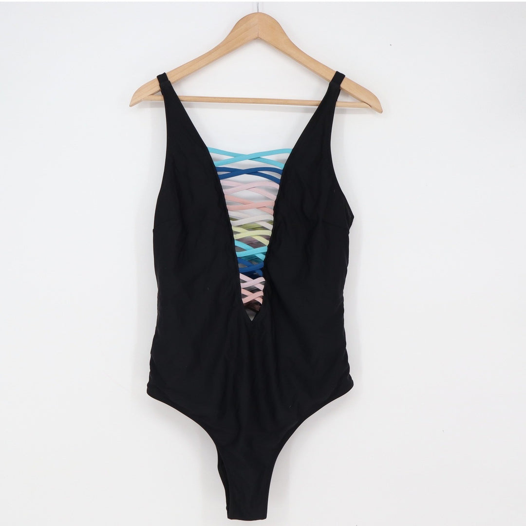 Unbranded One Piece Swimsuit Womens XL Rainbow Lace Up Black Plunge Excellent