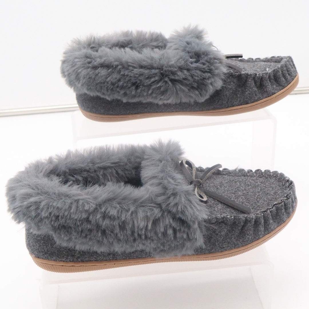 J.Crew Womens Moccasin Slippers Gray Wool Faux Fur Trim Bow Size 8 House Shoes